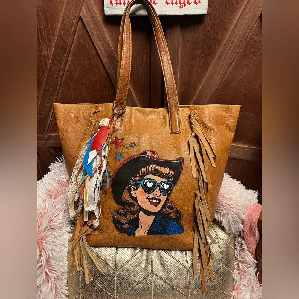 Lucky Brand Brown Leather Tote Bag with Cowgirl Design hand painted